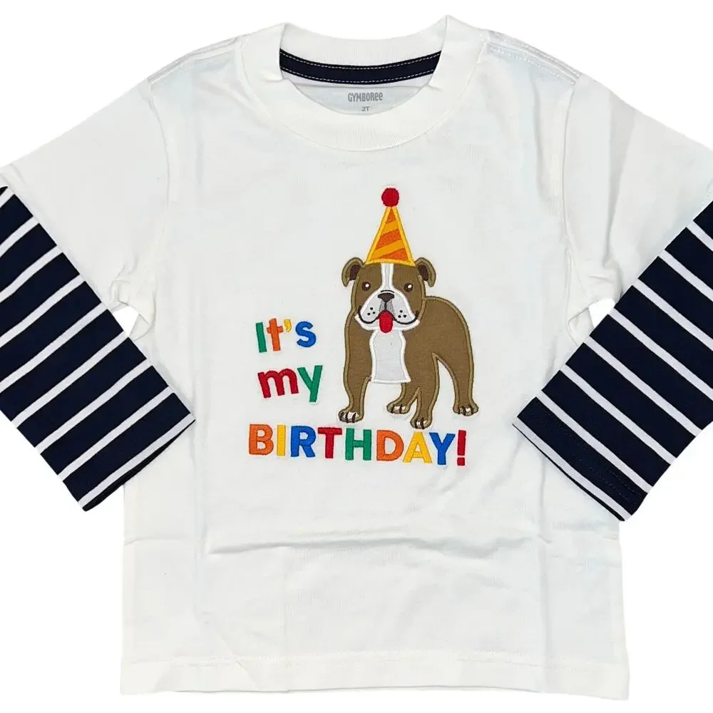 NWT Gymboree Boys Ivory and Navy Striped Embroidered Dog Birthday Shirt